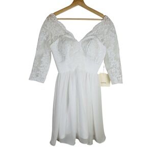 Lan Ting Medium White Embroidered Lace Wedding Mini Dress Women's Bridal - NWT